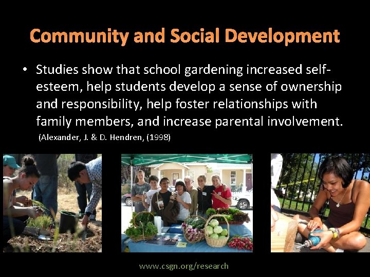 Community and Social Development • Studies show that school gardening increased selfesteem, help students