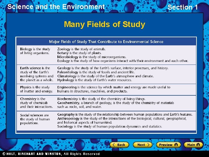 Science and the Environment Many Fields of Study Section 1 