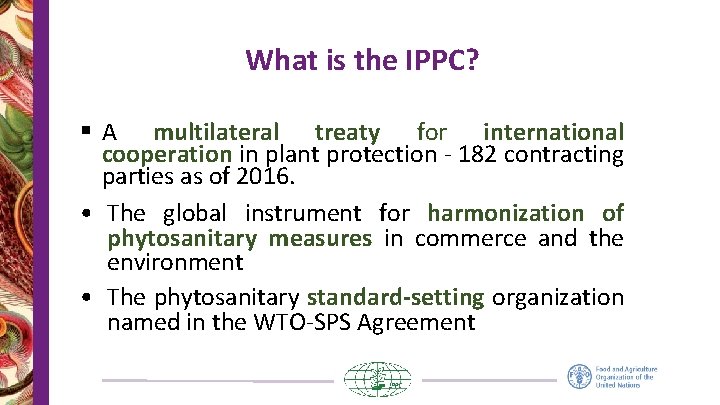 What is the IPPC? § A multilateral treaty for international cooperation in plant protection