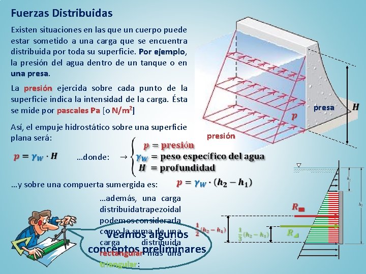 Fuerzas Distribuidas Existen situaciones en las que un cuerpo puede estar sometido a una