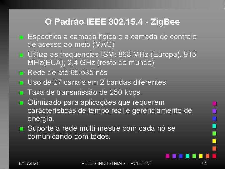 O Padrão IEEE 802. 15. 4 - Zig. Bee n n n n Especifica