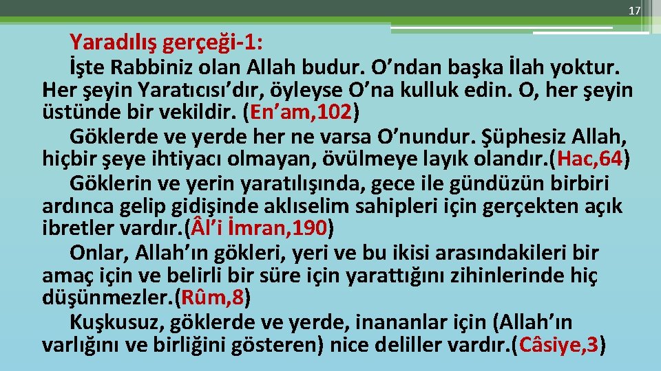 17 Yaradılış gerçeği-1: İşte Rabbiniz olan Allah budur. O’ndan başka İlah yoktur. Her şeyin