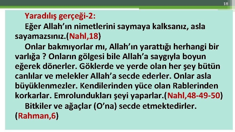 18 Yaradılış gerçeği-2: Eğer Allah’ın nimetlerini saymaya kalksanız, asla sayamazsınız. (Nahl, 18) Onlar bakmıyorlar