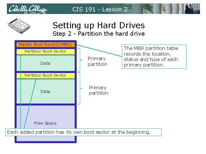 CIS 191 - Lesson 2 Setting up Hard Drives Step 2 - Partition the