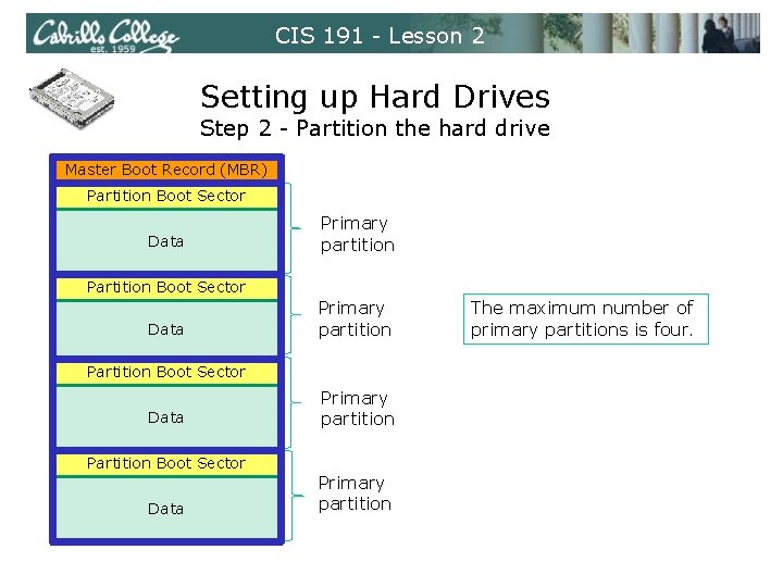 CIS 191 - Lesson 2 Setting up Hard Drives Step 2 - Partition the
