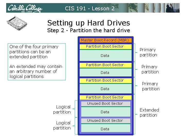 CIS 191 - Lesson 2 Setting up Hard Drives Step 2 - Partition the