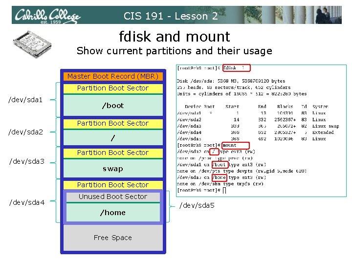 CIS 191 - Lesson 2 fdisk and mount Show current partitions and their usage