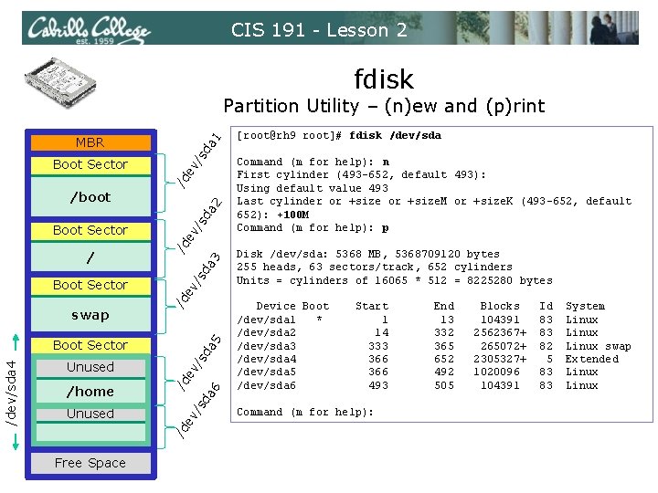 CIS 191 - Lesson 2 fdisk Partition Utility – (n)ew and (p)rint ev /s