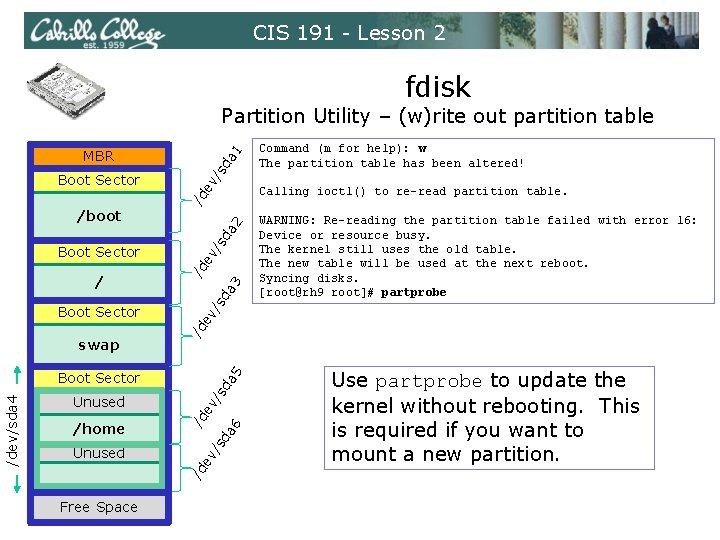 CIS 191 - Lesson 2 fdisk Partition Utility – (w)rite out partition table da CIS 191 - Lesson 2 fdisk Partition Utility – (w)rite out partition table da