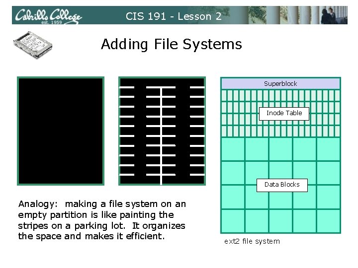 CIS 191 - Lesson 2 Adding File Systems Superblock Inode Table Data Blocks Analogy: