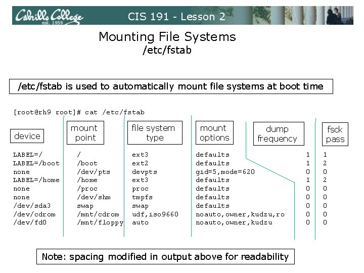 CIS 191 - Lesson 2 Mounting File Systems /etc/fstab is used to automatically mount