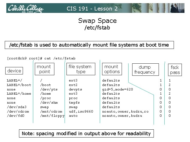 CIS 191 - Lesson 2 Swap Space /etc/fstab is used to automatically mount file