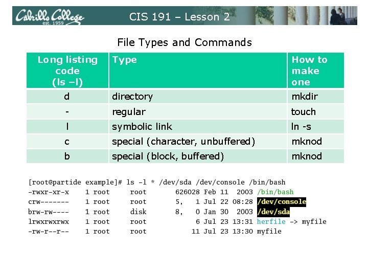 CIS 191 – Lesson 2 File Types and Commands Long listing code (ls –l)