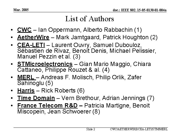 Mar. 2005 doc. : IEEE 802. 15 -05 -0130 -01 -004 a List of
