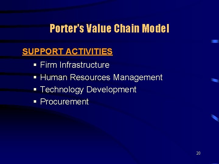 Porter’s Value Chain Model SUPPORT ACTIVITIES § § Firm Infrastructure Human Resources Management Technology