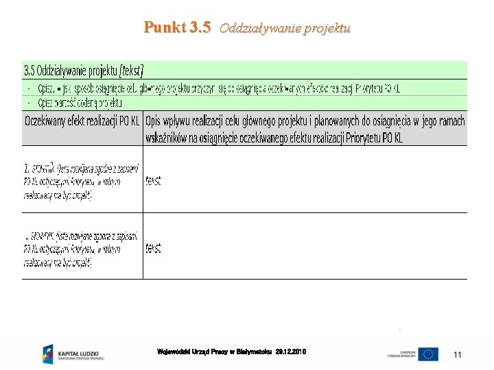 Punkt 3. 5 Oddziaływanie projektu Wojewódzki Urząd Pracy w Białymstoku 29. 12. 2010 11