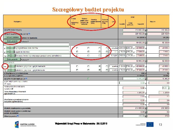 Szczegółowy budżet projektu Wojewódzki Urząd Pracy w Białymstoku 29. 12. 2010 13 