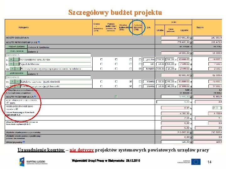 Szczegółowy budżet projektu Uzasadnienie kosztów – nie dotyczy projektów systemowych powiatowych urzędów pracy Wojewódzki