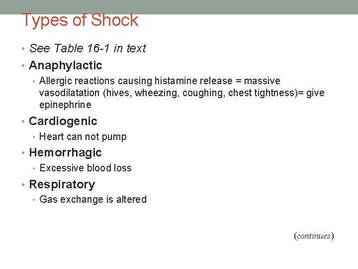 Types of Shock • See Table 16 -1 in text • Anaphylactic • Allergic