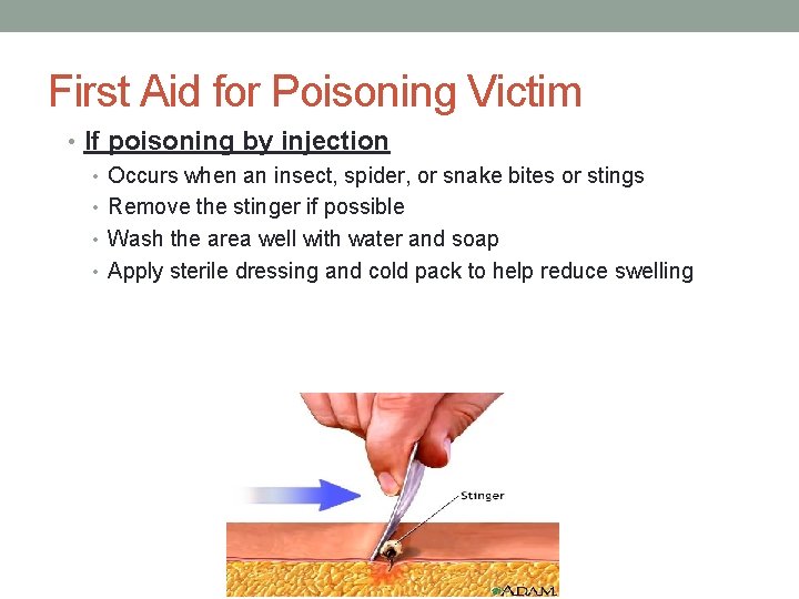 First Aid for Poisoning Victim • If poisoning by injection • Occurs when an