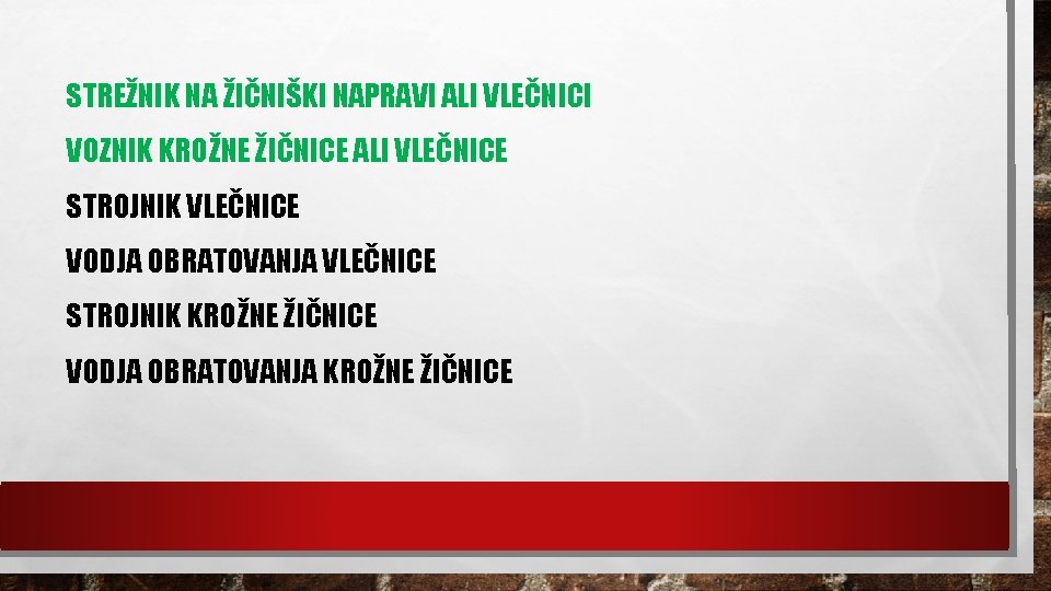 STREŽNIK NA ŽIČNIŠKI NAPRAVI ALI VLEČNICI VOZNIK KROŽNE ŽIČNICE ALI VLEČNICE STROJNIK VLEČNICE VODJA