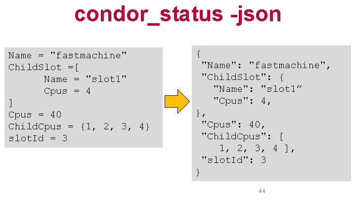 condor_status -json Name = "fastmachine" Child. Slot =[ Name = "slot 1" Cpus =