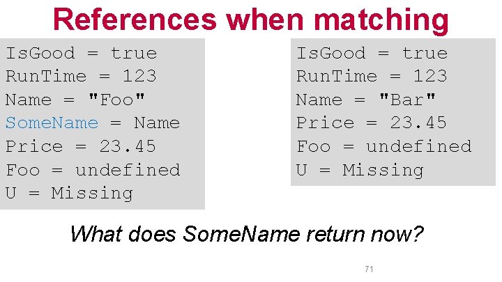 References when matching Is. Good = true Run. Time = 123 Name = "Foo"