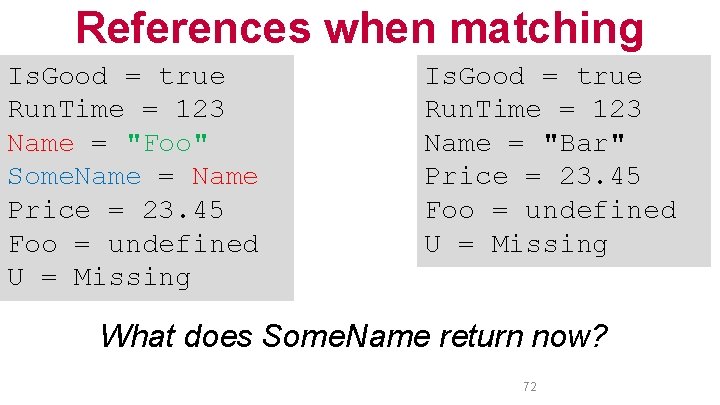 References when matching Is. Good = true Run. Time = 123 Name = "Foo"