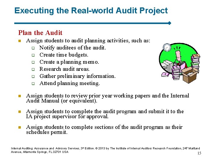 Executing the Real-world Audit Project Plan the Audit n Assign students to audit planning