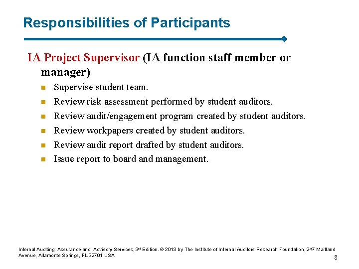 Responsibilities of Participants IA Project Supervisor (IA function staff member or manager) n n