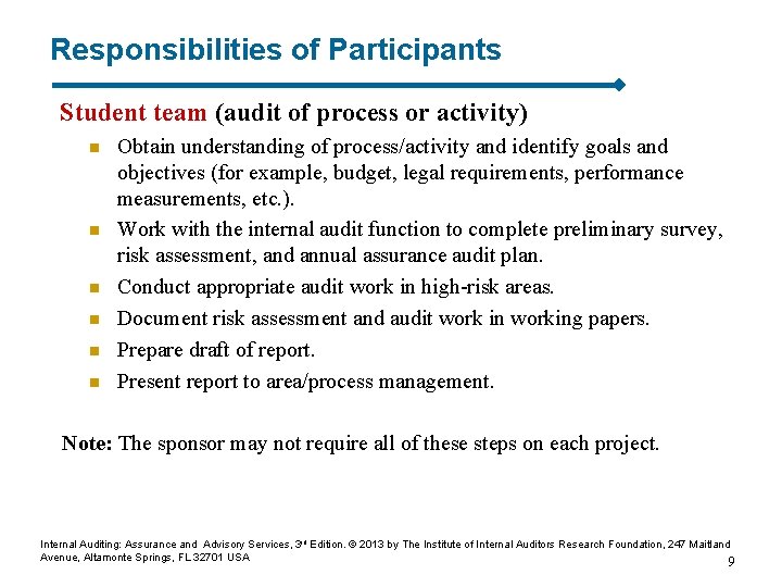 Responsibilities of Participants Student team (audit of process or activity) n n n Obtain