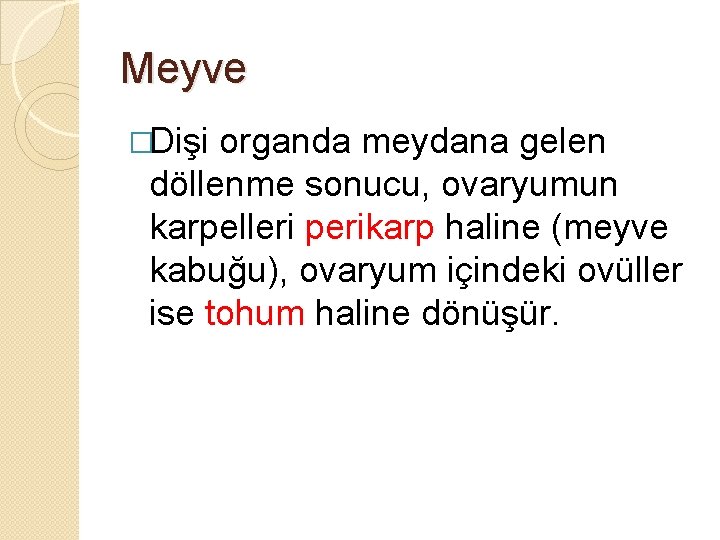 Meyve �Dişi organda meydana gelen döllenme sonucu, ovaryumun karpelleri perikarp haline (meyve kabuğu), ovaryum