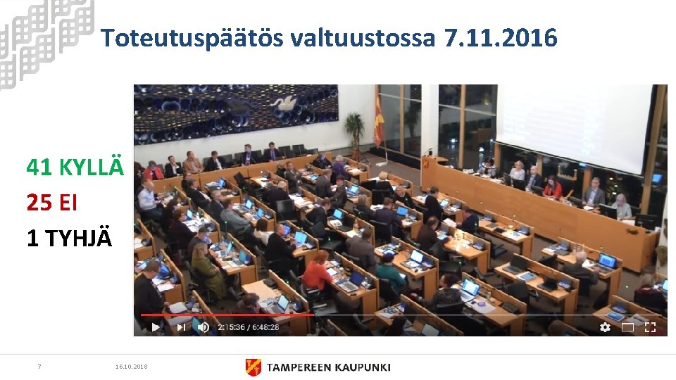 Toteutuspäätös valtuustossa 7. 11. 2016 41 KYLLÄ 25 EI 1 TYHJÄ 7 16. 10.