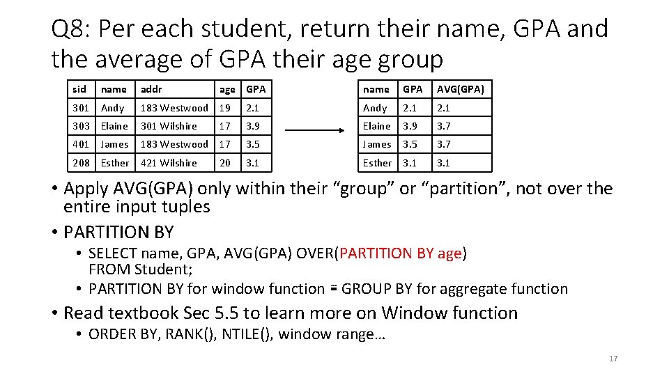 Q 8: Per each student, return their name, GPA and the average of GPA