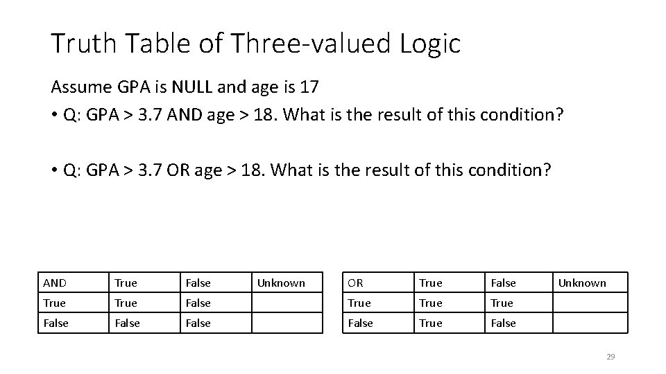 Truth Table of Three-valued Logic Assume GPA is NULL and age is 17 •