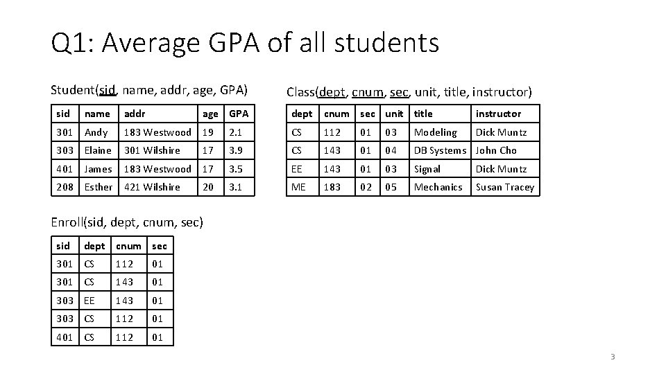 Q 1: Average GPA of all students Student(sid, name, addr, age, GPA) sid name