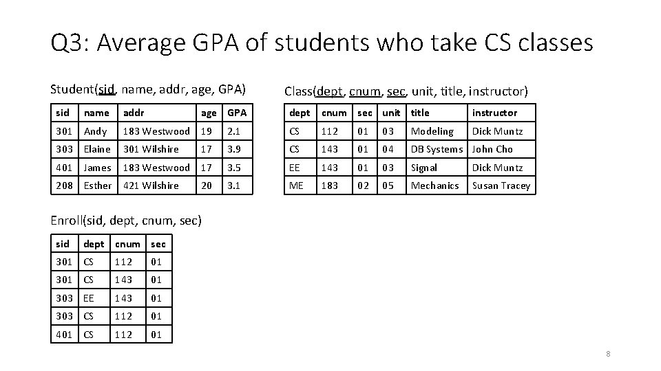 Q 3: Average GPA of students who take CS classes Student(sid, name, addr, age,
