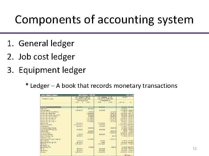 Components of accounting system 1. General ledger 2. Job cost ledger 3. Equipment ledger Components of accounting system 1. General ledger 2. Job cost ledger 3. Equipment ledger