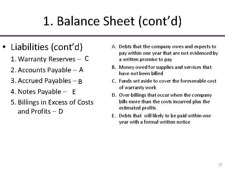 1. Balance Sheet (cont’d) • Liabilities (cont’d) 1. Warranty Reserves ‒ C 2. Accounts 1. Balance Sheet (cont’d) • Liabilities (cont’d) 1. Warranty Reserves ‒ C 2. Accounts
