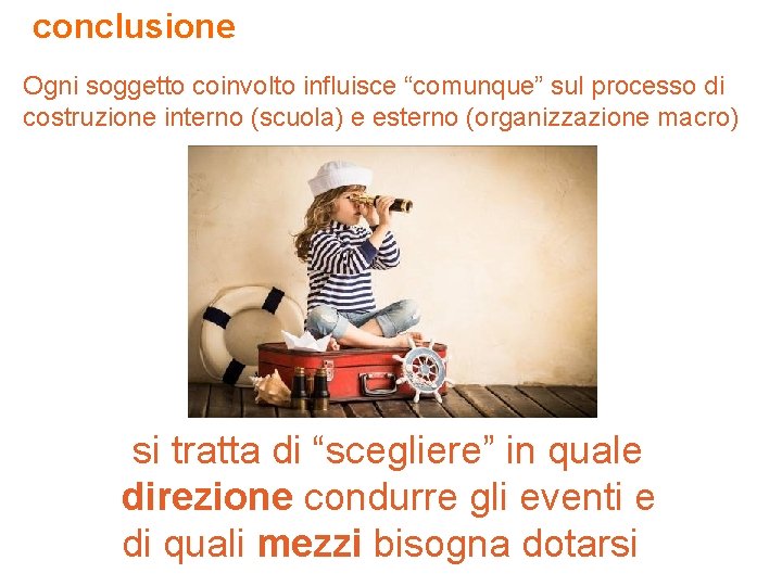 conclusione Ogni soggetto coinvolto influisce “comunque” sul processo di costruzione interno (scuola) e esterno