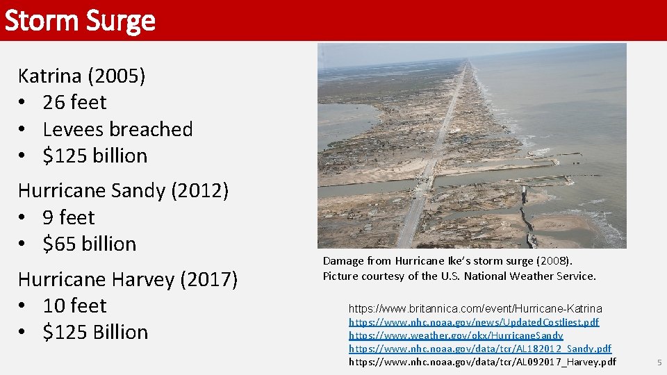 Storm Surge Katrina (2005) • 26 feet • Levees breached • $125 billion Hurricane