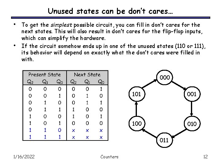 Unused states can be don’t cares… • • To get the simplest possible circuit,