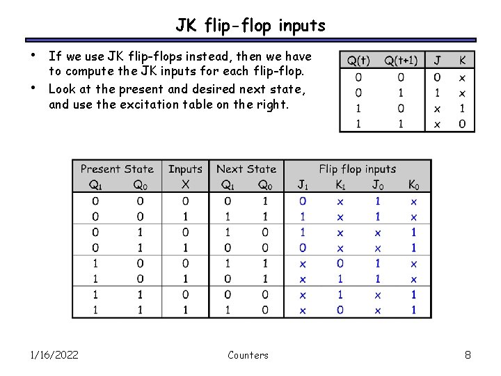JK flip-flop inputs • • If we use JK flip-flops instead, then we have