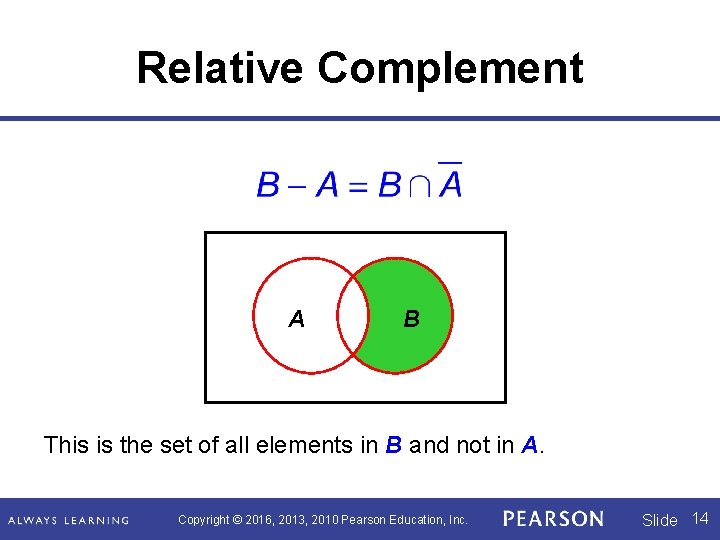 Relative Complement A B This is the set of all elements in B and