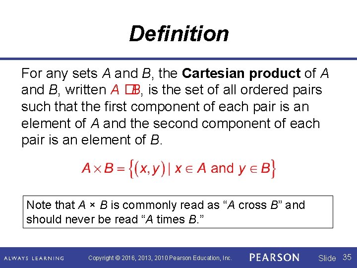 Definition For any sets A and B, the Cartesian product of A and B,