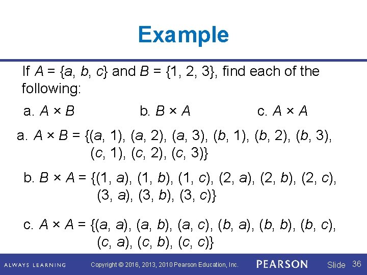 Example If A = {a, b, c} and B = {1, 2, 3}, find