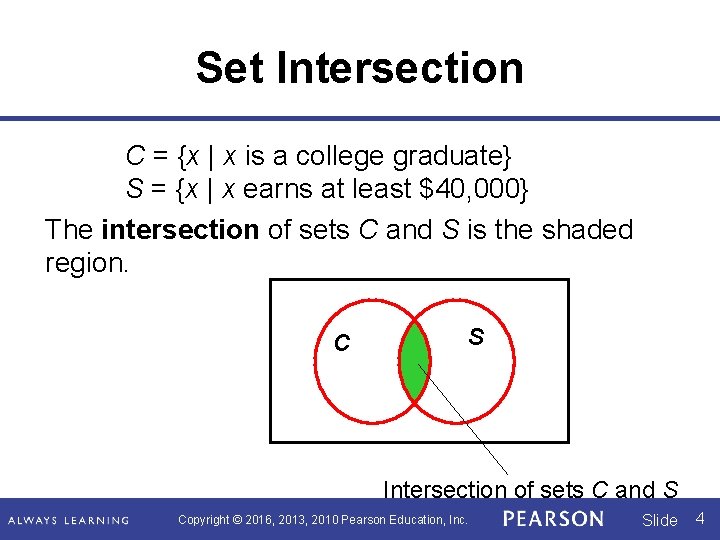 Set Intersection C = {x | x is a college graduate} S = {x