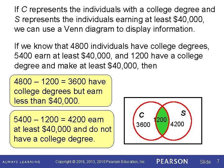 If C represents the individuals with a college degree and S represents the individuals