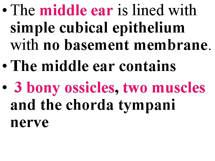  • The middle ear is lined with simple cubical epithelium with no basement