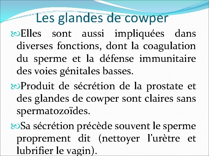 Les glandes de cowper Elles sont aussi impliquées dans diverses fonctions, dont la coagulation